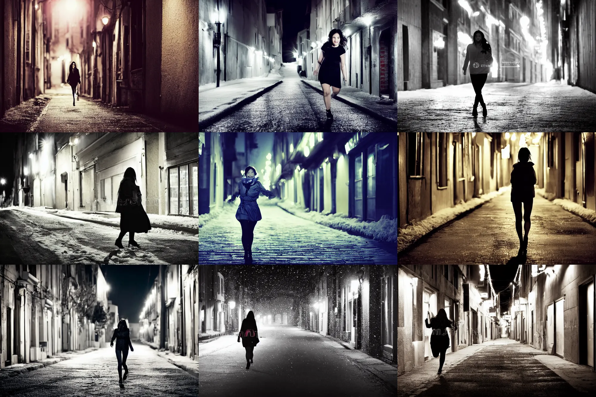 Prompt: beautiful woman 3 6 years old in one white bedsheet ( bedding sets ) runs along a dark street in winter, close shot, dark background, post - processing, sexuell