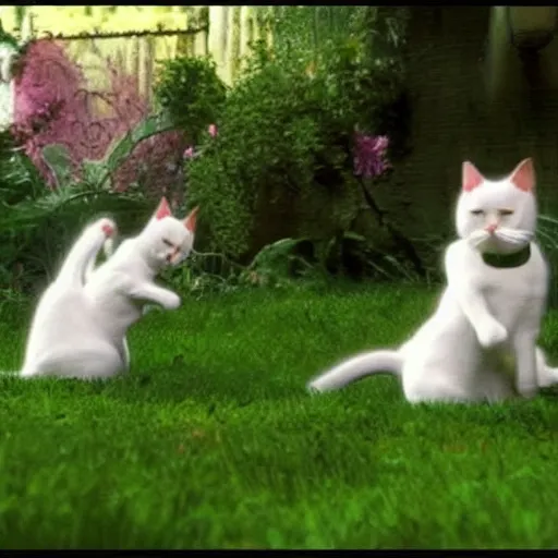 Image similar to 2 cats playing in the garden, one of them is white, by Timothy Burton, Cinematic