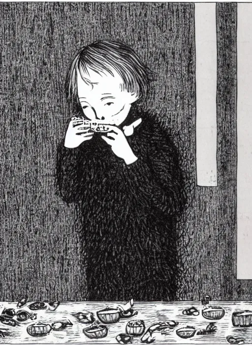 Prompt: child eating mcdonald's, by edward gorey