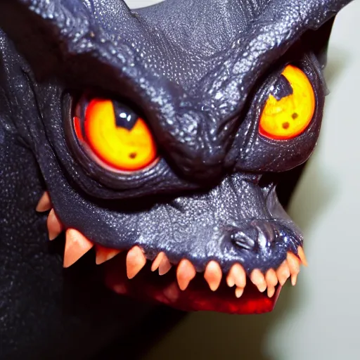 Image similar to detailed photo of scary giant mutant dark blue humanoid pygmy-bat, glowing red eyes, sharp teeth, acid leaking from mouth, realistic, giant, bat ears, bat nose, bat head, detailed 85mm f/1.4
