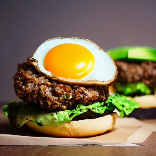 Prompt: juicy vegan hamburger topped with avocado onion and a vegan fried egg, crispy buns, 8 k resolution, professional food photography, studio lighting, sharp focus, hyper - detailed