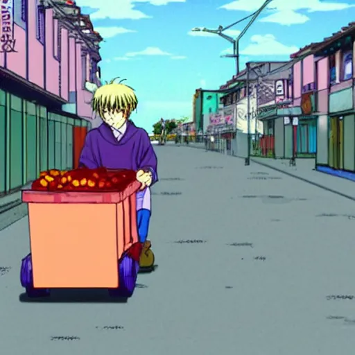 Prompt: man pushing a cart uphill in ulan bataar, sprite, vaporwave nostalgia, directed by beat takeshi, visual novel cg, 8 0 s anime vibe, kimagure orange road, maison ikkoku, initial d, sketch by osamu tezuka, directed by hideki anno