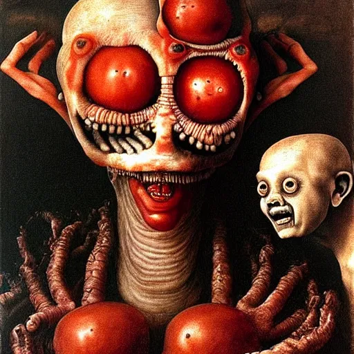 Image similar to a boy like eraserhead and elephant man sitting in a tub full of tomato sauce, looking straight into camera, screaming in pain, by giuseppe arcimboldo and ambrosius benson, renaissance, fruit, intricate and intense oil paint, a touch of beksinski and hr giger, realistic