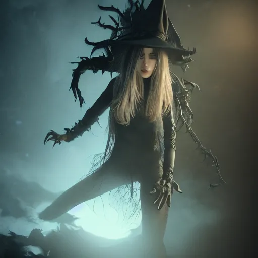 Image similar to full body pose, hyperrealistic photograph of attractive witch, dim volumetric lighting, 8 k, octane beautifully detailed render, extremely hyper detailed, intricate, epic composition, cinematic lighting, masterpiece, trending on artstation, very very detailed, masterpiece, stunning, hdr, smooth, sharp focus, high resolution, award, winning photo, dslr, 5 0 mm