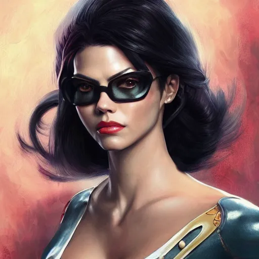 Image similar to a portrait of jenna dewan as bayonetta, upper half portrait, urban motifs, intricate, elegant, highly detailed, digital painting, trending on artstation, concept art, smooth sharp focus, illustration, art by artgerm and greg rutkowski