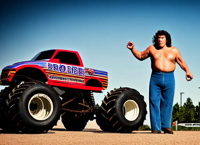 Image similar to photo of andre the giant as a monster truck driver, 8 k, 8 5 mm f 5. 6