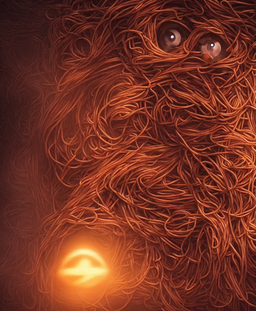 Image similar to spaghetti monster with meatball eyes, cinematic lighting, magical atmosphere, 8k, artstation, masterpiece, ultra hd