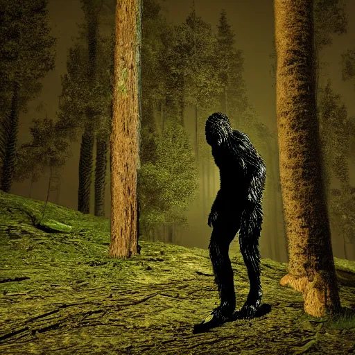 Prompt: horrific sight of Big Foot, realistic, forest at night, night vision camera, 8k, detailed