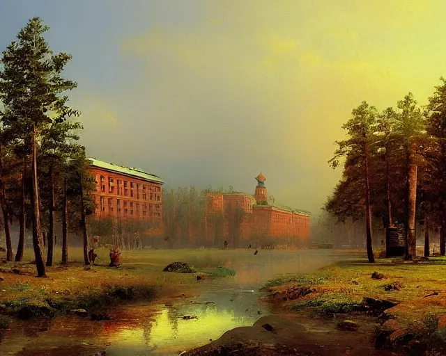 Prompt: beautiful matte painting of cute soviet block of flats hrushevka in end of forest by ivan shishkin and aivazovsky