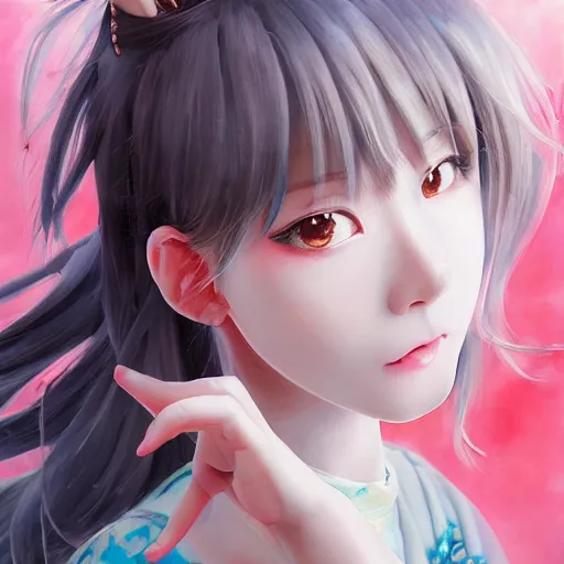 Image similar to dynamic composition, motion, ultra-detailed, incredibly detailed, a lot of details, amazing fine details and brush strokes, colorful and grayish palette, smooth, HD semirealistic anime CG concept art digital painting, watercolor oil painting of a young C-Pop idol girl, by a Chinese artist at ArtStation, by Huang Guangjian, Fenghua Zhong, Ruan Jia, Xin Jin and Wei Chang. Realistic artwork of a Chinese videogame, gradients, gentle an harmonic grayish colors.