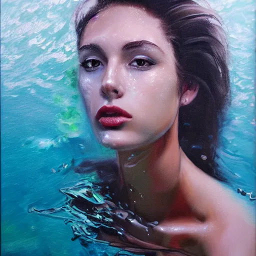 Image similar to hyperrealism oil painting, fashion model portrait underwater