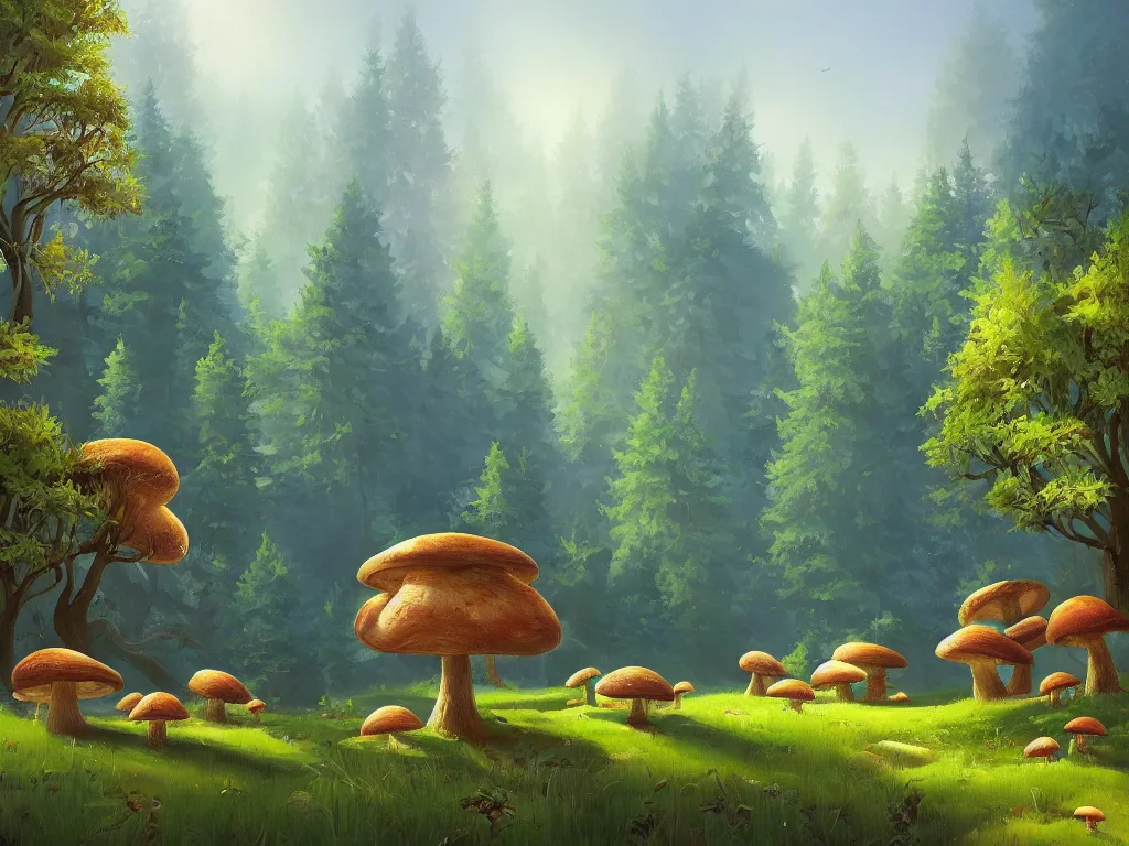 Prompt: A beautiful painting of a pine forest with mushroom villages, tiny cottages in the form of mushrooms, Digital Art by RHADS, Trending on artstation