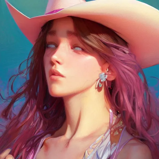 Image similar to Pink cowboy hat, highly detailed, digital painting, artstation, concept art, smooth, sharp focus, illustration, art by artgerm and greg rutkowski and alphonse mucha