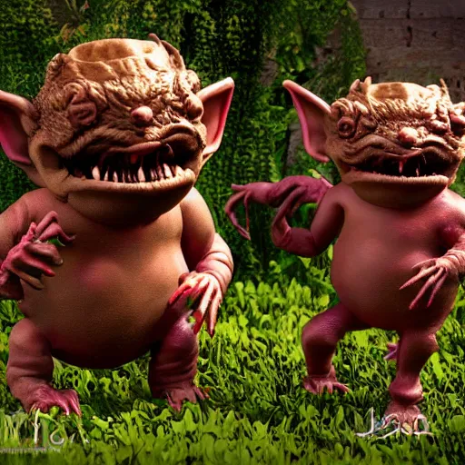 Image similar to autochrome photo of vintage disgusting brown Boglins, plastic goblin monster toys in a backyard garden, kaiju, oni, realistic, octane render