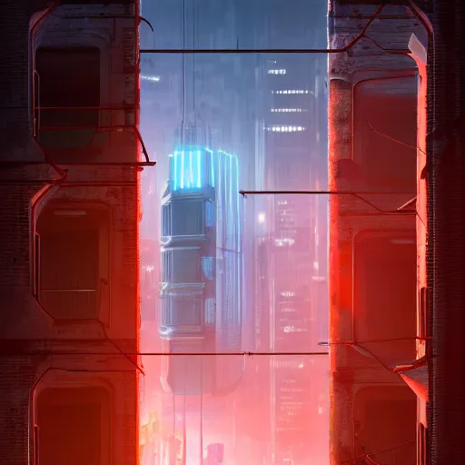 Image similar to One dilapidated building with only one window glowing. ArtStation, Cyberpunk, Vertical Symmetry, 8K, Highly Detailed, Intricate, Album Art.