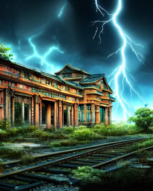 Image similar to a beautiful hyperdetailed anime illustration of railway abandoned city nature building architecture unfinished building by bernard tschumi, lightpaint dramatic lightning thermal vision architecture island tron matte painting reclaimed by nature uranus, archdaily, wallpaper, highly detailed, trending on artstation.