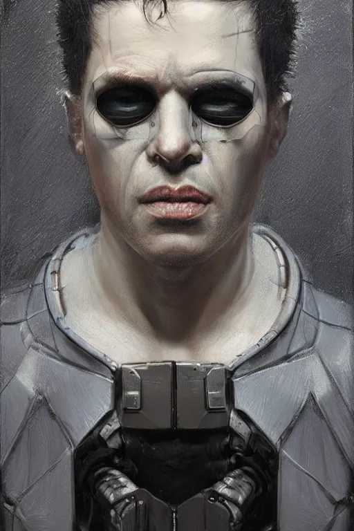 Image similar to illustration of an male cyberpunk character wearing bionic implants, criminal mugshot, solid black background, mugshot, mugshot, gritty, gritty, highly detailed, oil on canvas, soft lighting, muted, pastel colors, by WLOP and Greg Staples, HD, 4K