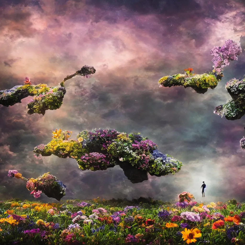 Image similar to a planet of various flowers, fungus and plants, in which the human figure is dressed in something magical and impressive, inside the picture is infinity, sunset light, Atmospheric phenomenon, artistic photography, muted colors, conceptual, long exposure outside the city