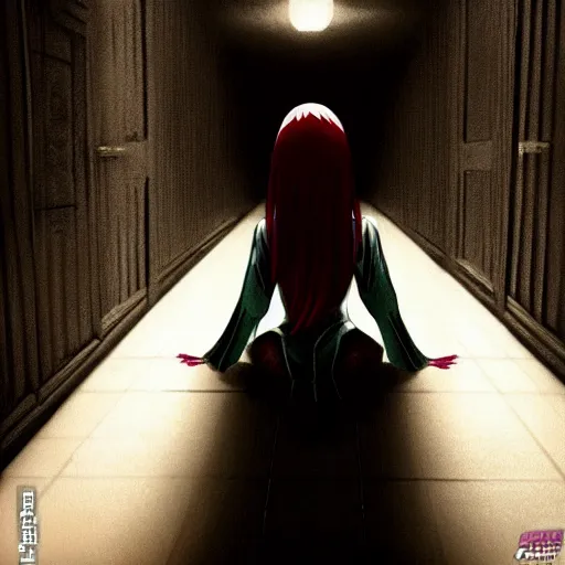 Image similar to miku peeking at you from behind a corner in a dark spooky hallway