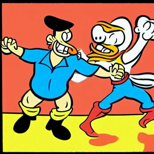 Prompt: Popeye fights a lion, drawn in the style of old Max and Dave Fleischer cartoons.