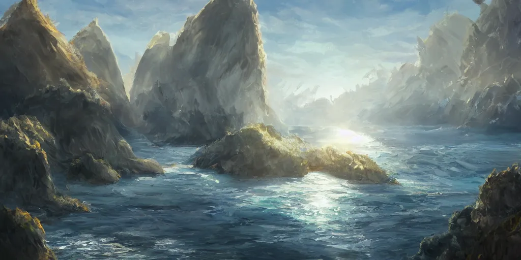 Image similar to salt covered islands surrounded by gleaming crystal quartz cliffs, illustration, bright sunlight, sun glints, sunrays, digital art, oil painting, fantasy, 8 k, trending on artstation, detailed