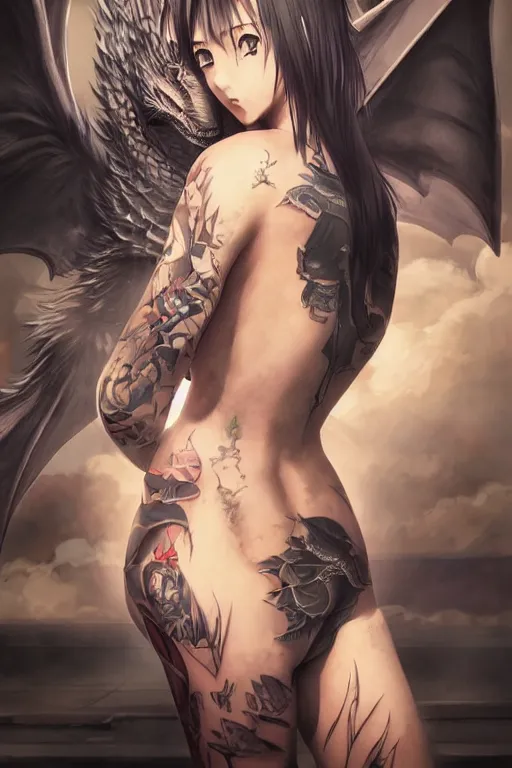 Image similar to Digital anime art by WLOP and Mobius, Downtown street, midday, young woman martial artist, bare back, tattoo with a dragon design, preparing to fight, multiple yakuza opponents, highly detailed, realistic day lighting