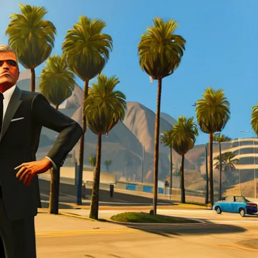 Image similar to george clooney in gta v. los santos in background, palm trees in the art style of stephen bliss