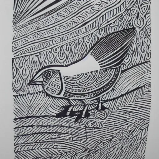 Image similar to block print bird in the style of strawcastle, black ink on white paper