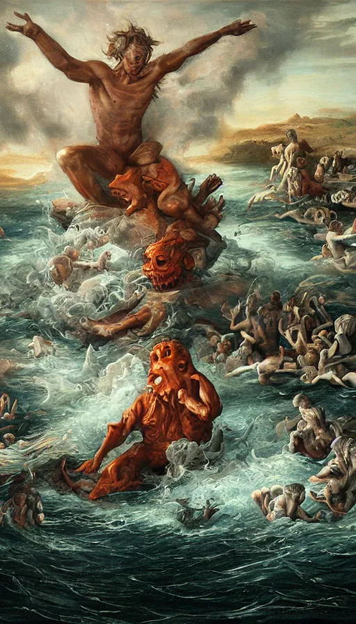 Image similar to man on boat crossing a body of water in hell with creatures in the water, sea of souls, by jason de graaf