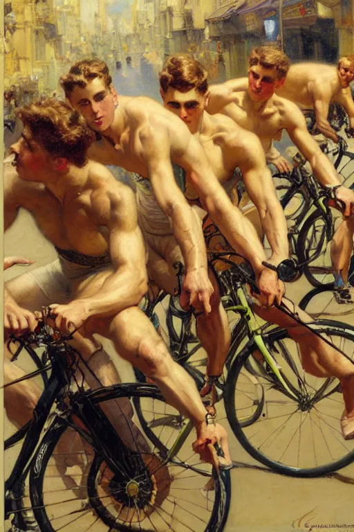 Image similar to handsome male cyclists, tour de france painting by gaston bussiere, craig mullins, j. c. leyendecker, tom of finland