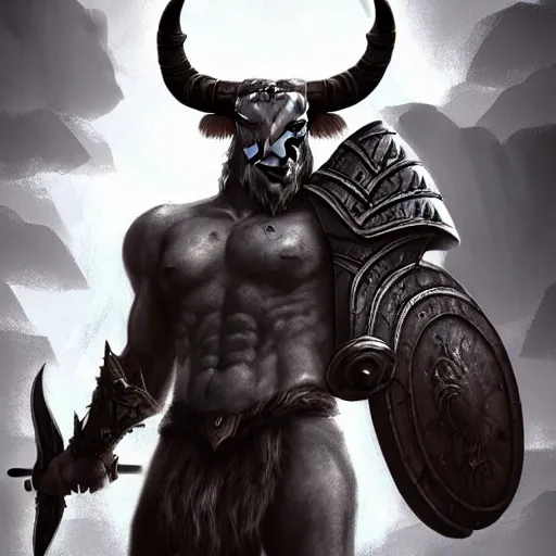 Prompt: epic bull headed minotaur beast in heavy armor made of silver and wielding giant axe, artwork, vivid colors, concept art, greek mythology, detailed, modern design, dark fantasy, digital painting, artstation, d&d
