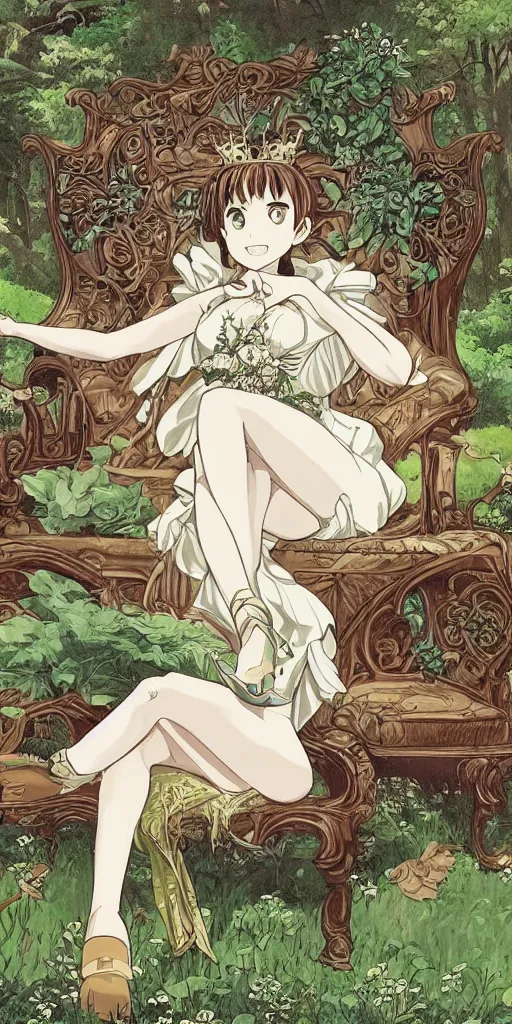 Prompt: a single queen sitting by herself on a sofa in a forest, drawn by CloverWorks, intricate detail, elegant, beauty