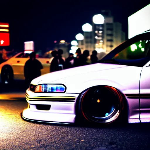 Image similar to a car JZX100 twin turbo drift at illegal car meet, Shibuya prefecture, city midnight mist lights, cinematic lighting, photorealistic, highly detailed wheels, high detail