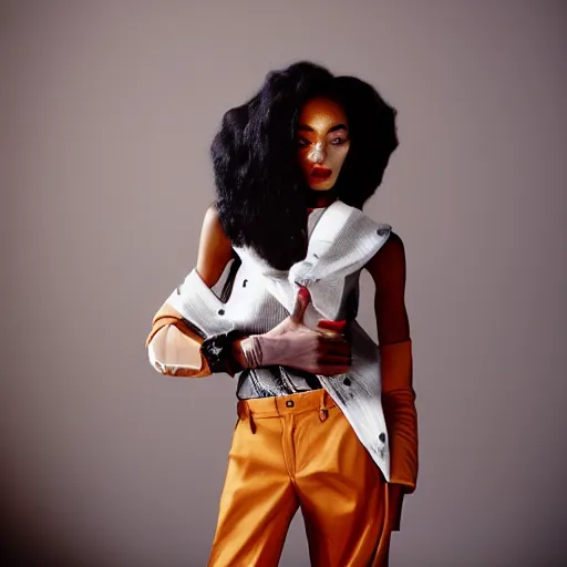 Image similar to realistic photoshooting for a new balenciaga lookbook, vhs colour photography, portrait of model Winnie Harlow woman, in style of Tyler Mitchell, 35mm,