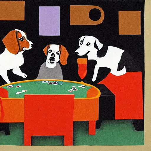 Prompt: a painting of hipster dogs playing poker, in the style of tom a abts