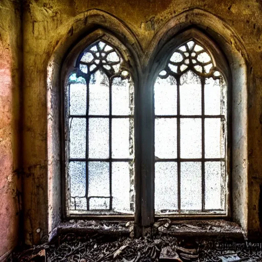 Image similar to glowing window inside a dilapidated church