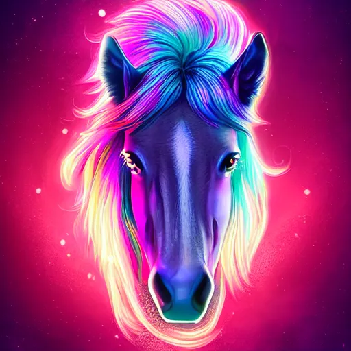 Prompt: digital horse, retrowave palette, highly detailed, anatomically correct equine, synth feel, smooth face, ear floof, side parted flowing mane, no reins, super realism, accurate animal imagery, 4 k digital art