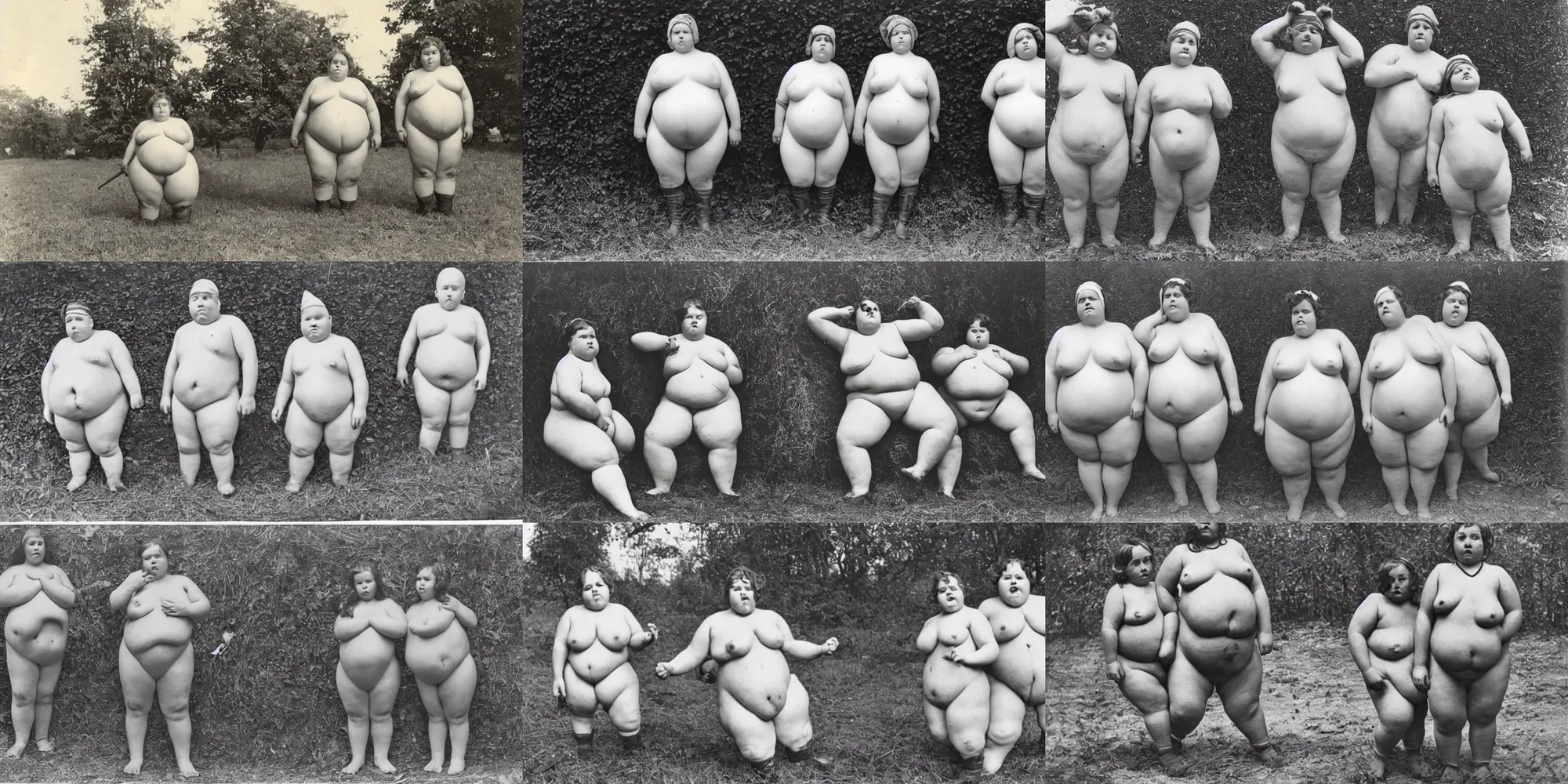 Prompt: vintage photograph of obese twins with no shirts on, posing as farmers, horror, creepy