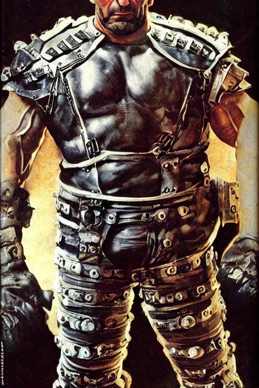 Prompt: upper body portrait of hulking giant dave bautista in combat scifi leather battle armour by norman rockwell
