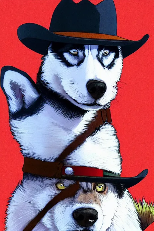 Image similar to a portrait painting of a husky in cowboy costume, wearing a cowboy hat, by [ studio ghibli ], in the style of anime, [ red dead ], trending on artstation