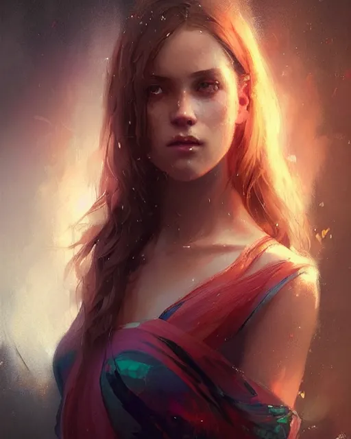 Image similar to girl portrait by greg rutkowski and charlie bowater, vivid, aesthetic, fine details, colorful swirly ripples, gaudy colors, luminescent, organic matte painting, realistic eyes, masterpiece, busy background, bokeh, depth of field