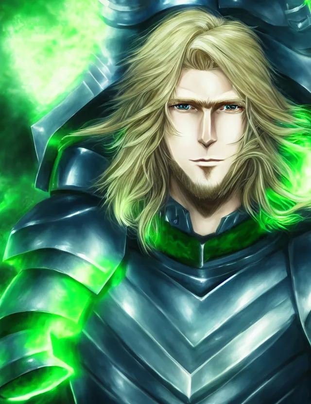 Image similar to an excellent anime portrait of a long haired blonde man with blue eyes in green armour glowing with green energy, trending on artstation, digital art, 4 k resolution, detailed, high quality, sharp focus, hq artwork, coherent, insane detail, character portrait, body portrait