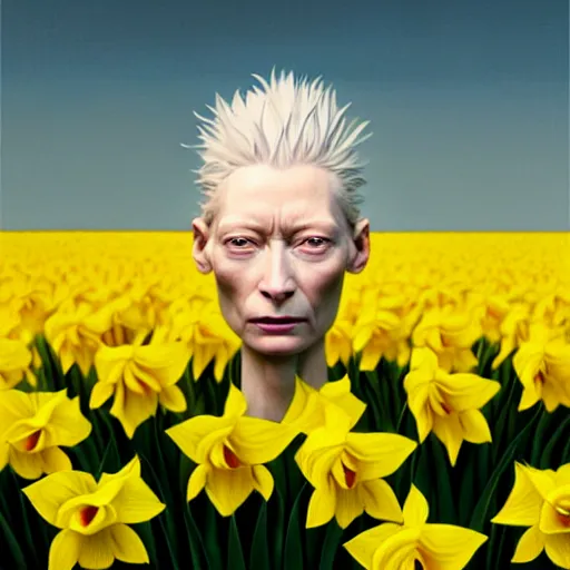 Image similar to medium shot, tilda swinton face fused with daffodil, inside the flower, daffodils, highly detailed, unreal engine, 3 d art, digital art, painting by greg rutkowski