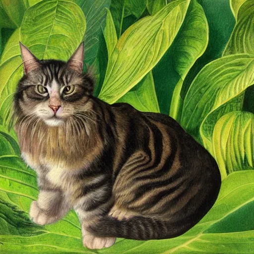 Image similar to a reneissance painting of a maincoon cat among big green leaves, very detailed, in the style of mantegna