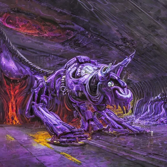 Image similar to detailed shot of inside a cavernous living stomach of a giant mecha dragon, the walls purple and pulsing, slimy and hot, lots of acid pooling up on the floor, digesting a bunch humans that ended up inside, food pov, micro pov, vore, digital art, furry art, high quality, 8k 3D realistic, macro art, micro art, Furaffinity, Deviantart, Eka's Portal, G6