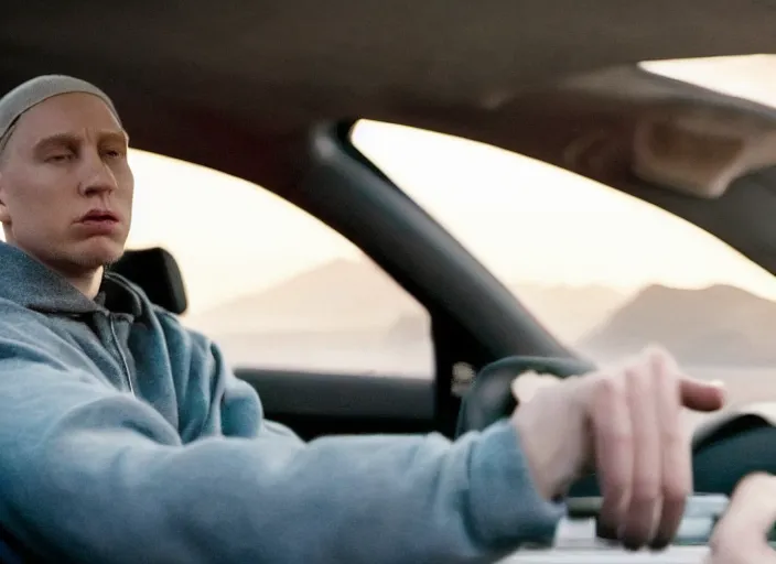 Image similar to a very high resolution image from a new movie, eminem driving a car. inside of a car. alone. mountains, directed by wes anderson