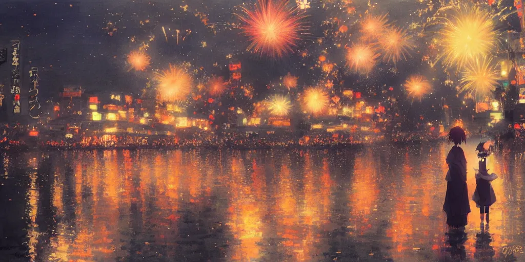 Image similar to anime kyoto animation key by greg rutkowski night, fireworks festival at kamokawa, kimono,