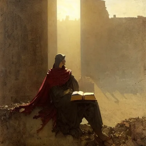 Image similar to portait of magican wearing a closed cerimonial cowl and big old book! chained to the wrist, jeremy mann, jean - leon gerome, tiepolo, alphonse mucha, greg rutkowski, face in the shadows, ( ( ruins of ancient rome ) ), at dusk, mysterious atmosphere, sunrays, dof, high detailed, 8 k