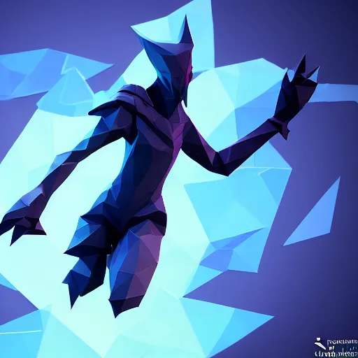 Image similar to low poly simple art of Nocturne splashart, nocturne is a dark ghost with no legs in armor and has blades on his arms, league of legends nocturne, 8k resolution, high detail, ULTRA REALISTIC VFX, reflections, post processing