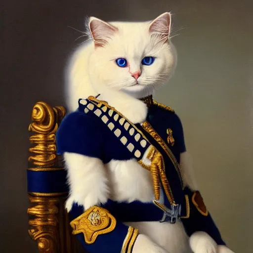 Prompt: royal painting of a cream colorpoint ragdoll cat wearing an officers uniform.